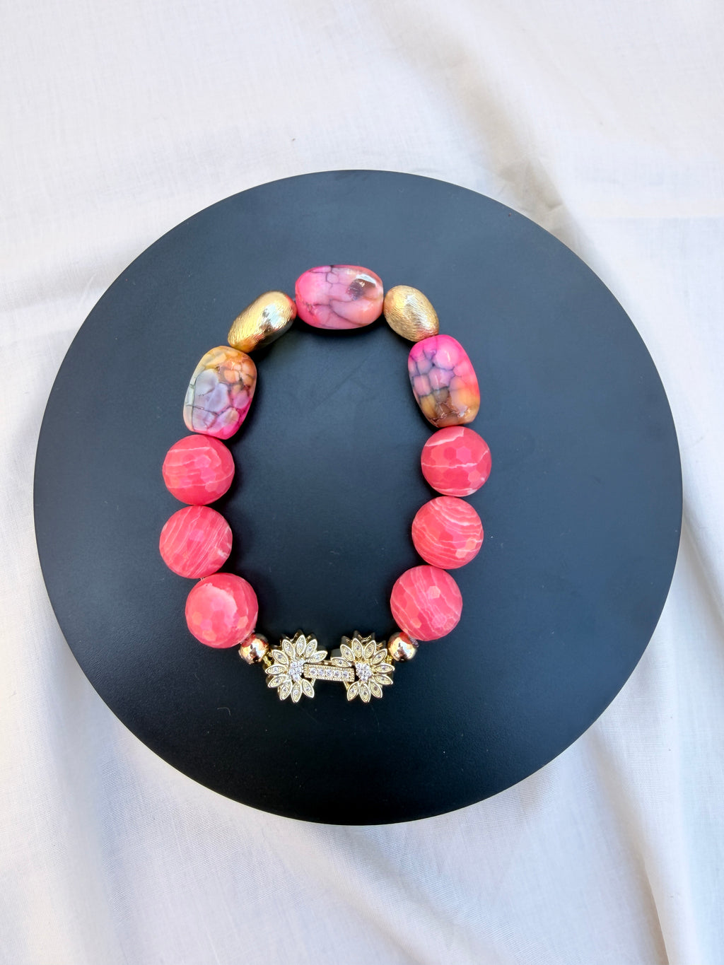 Dragon Vein Agate & Strawberry Agate Bracelet with CZ Box Clasp