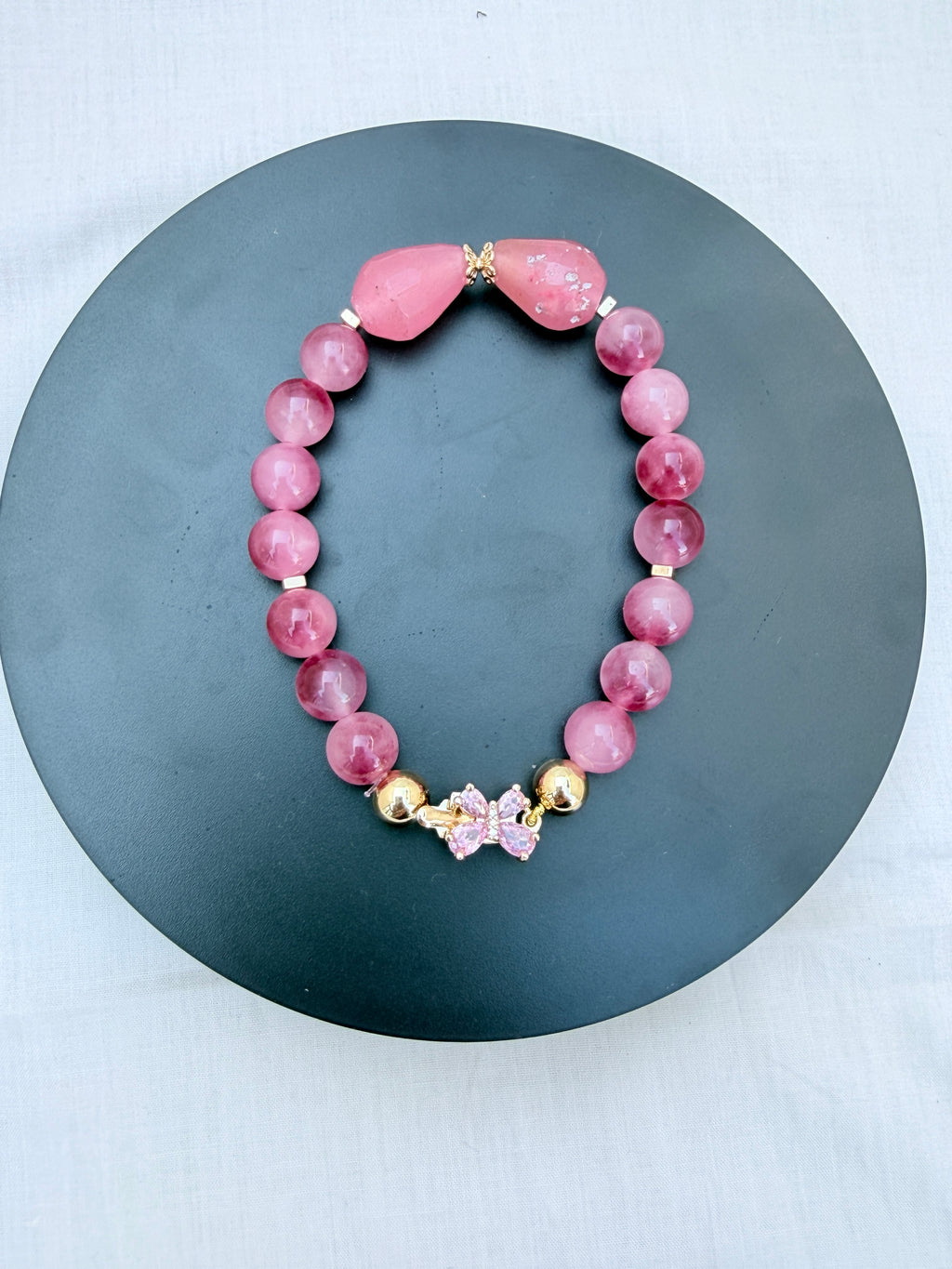 Strawberry Agate & Pink Teardrop Bead Bracelet with CZ Butterfly Clasp