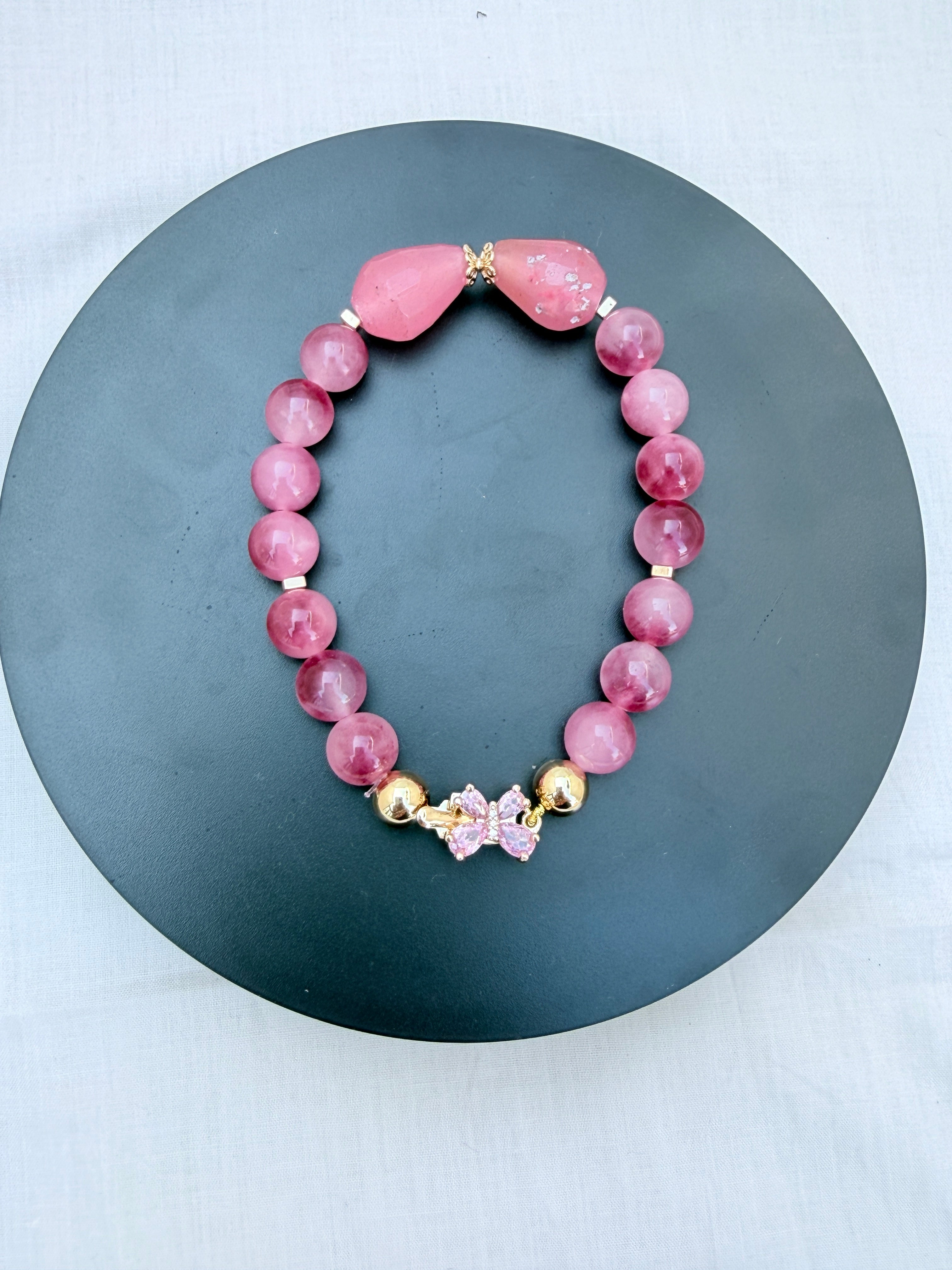 Strawberry Agate & Pink Teardrop Bead Bracelet with CZ Butterfly Clasp