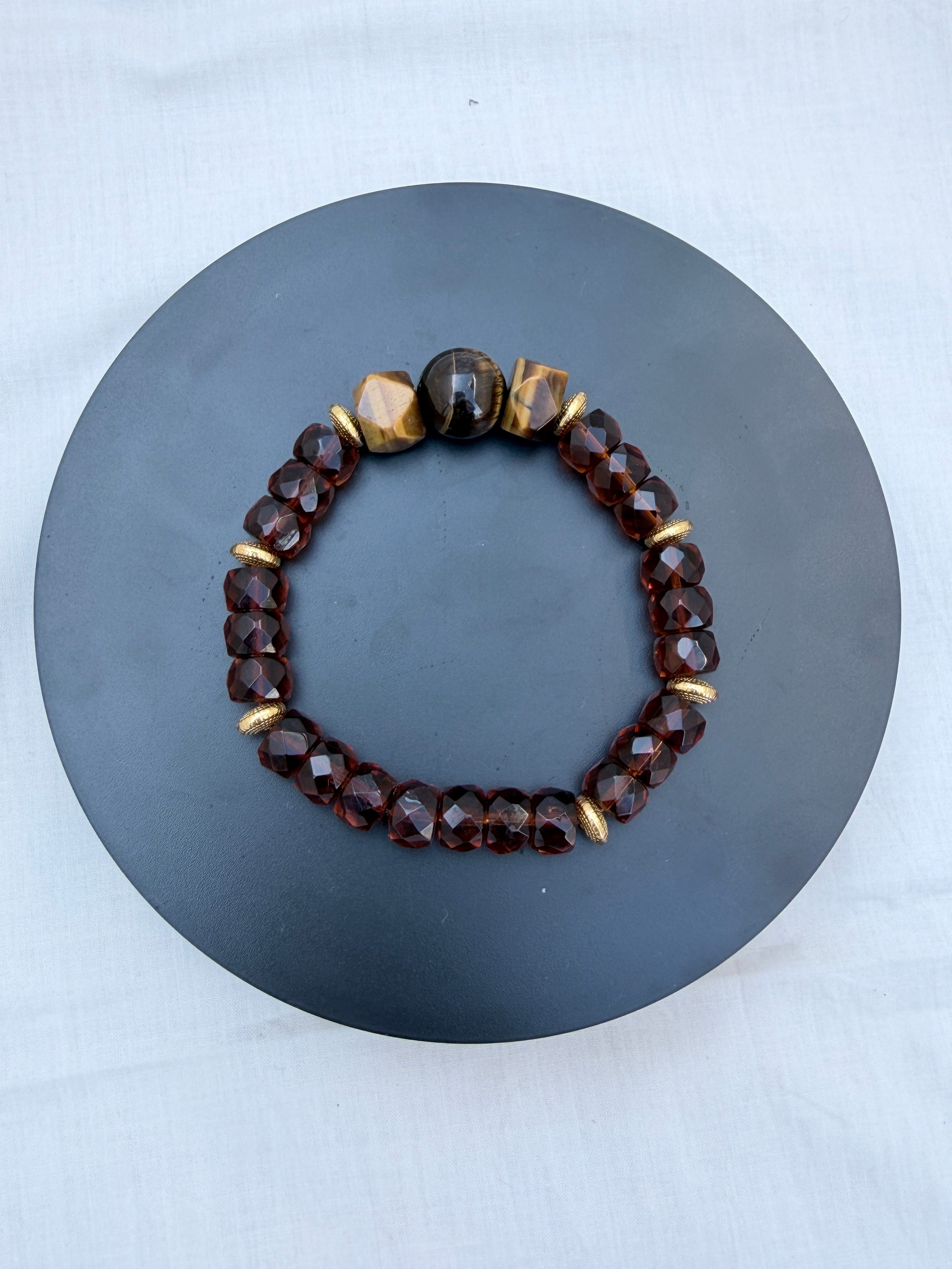 Tiger Eye & Amber Rondelle Bead Bracelet