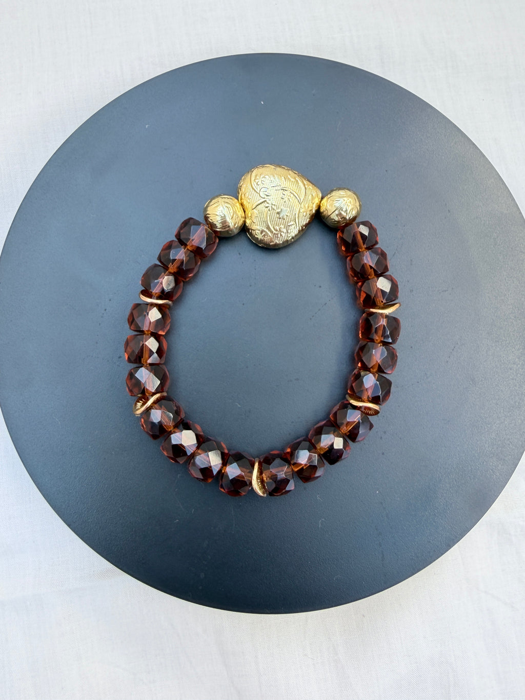 Amber Rondelle & Gold Brass Heart Bracelet