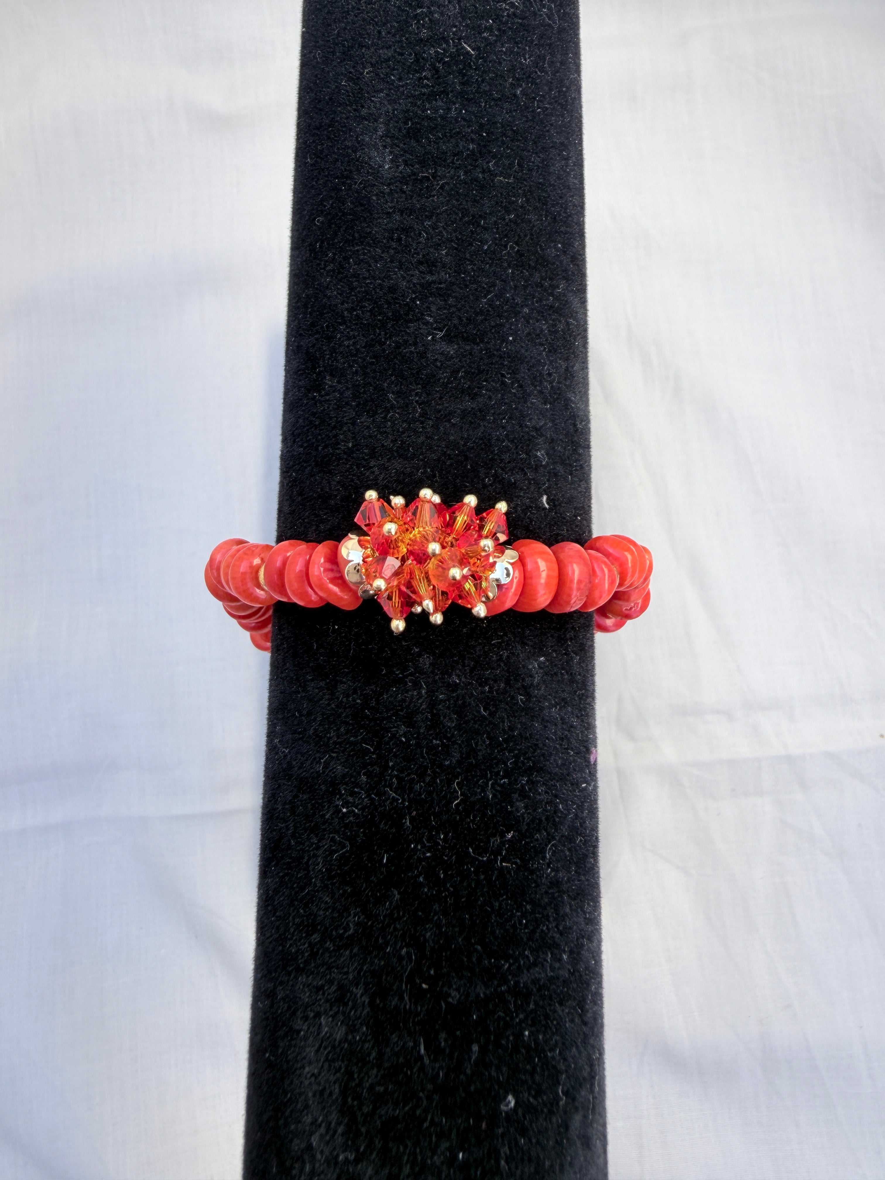 Coral Rondelle & Red Swarovski Crystal Bracelet