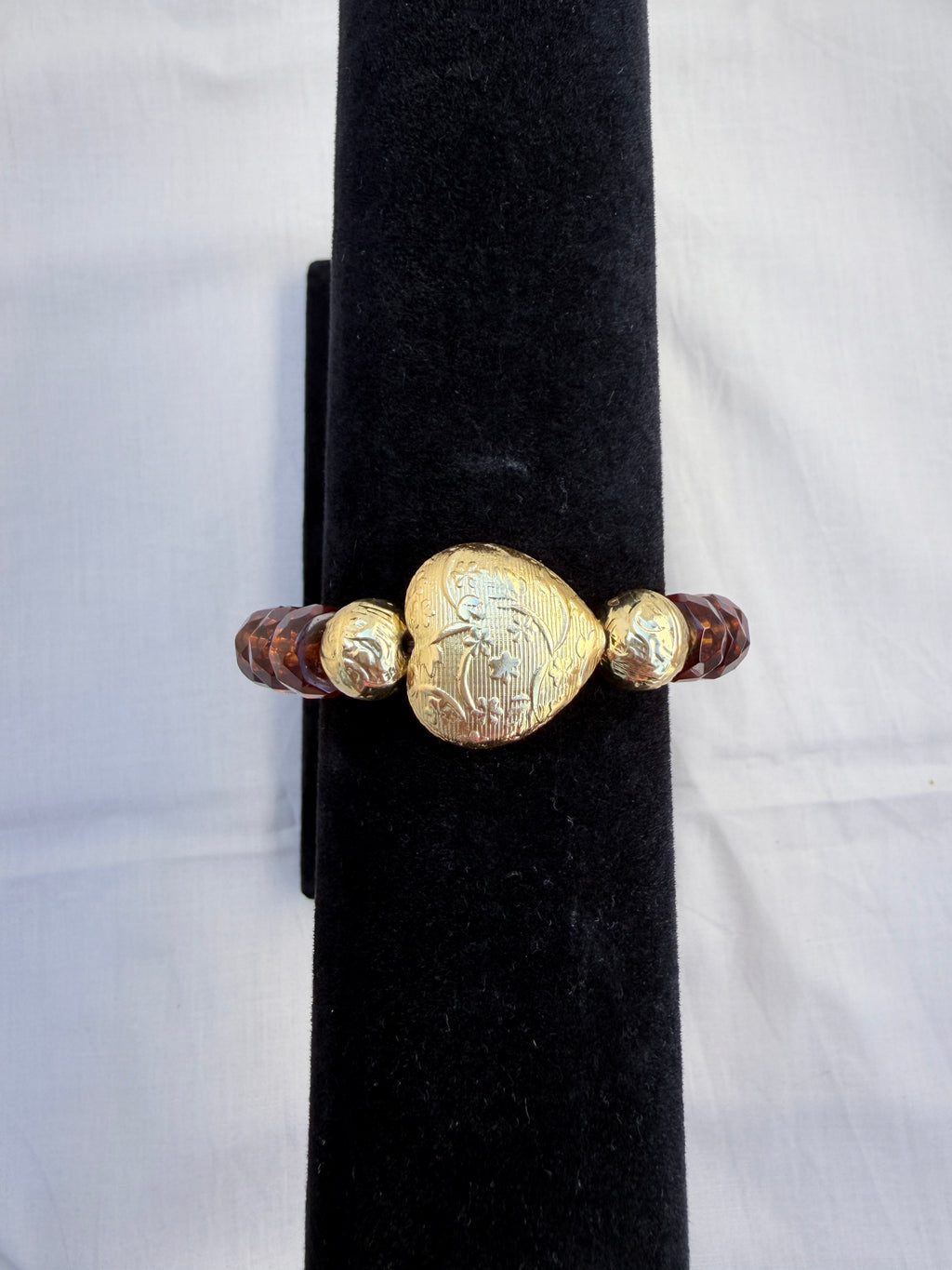Amber Rondelle & Gold Brass Heart Bracelet