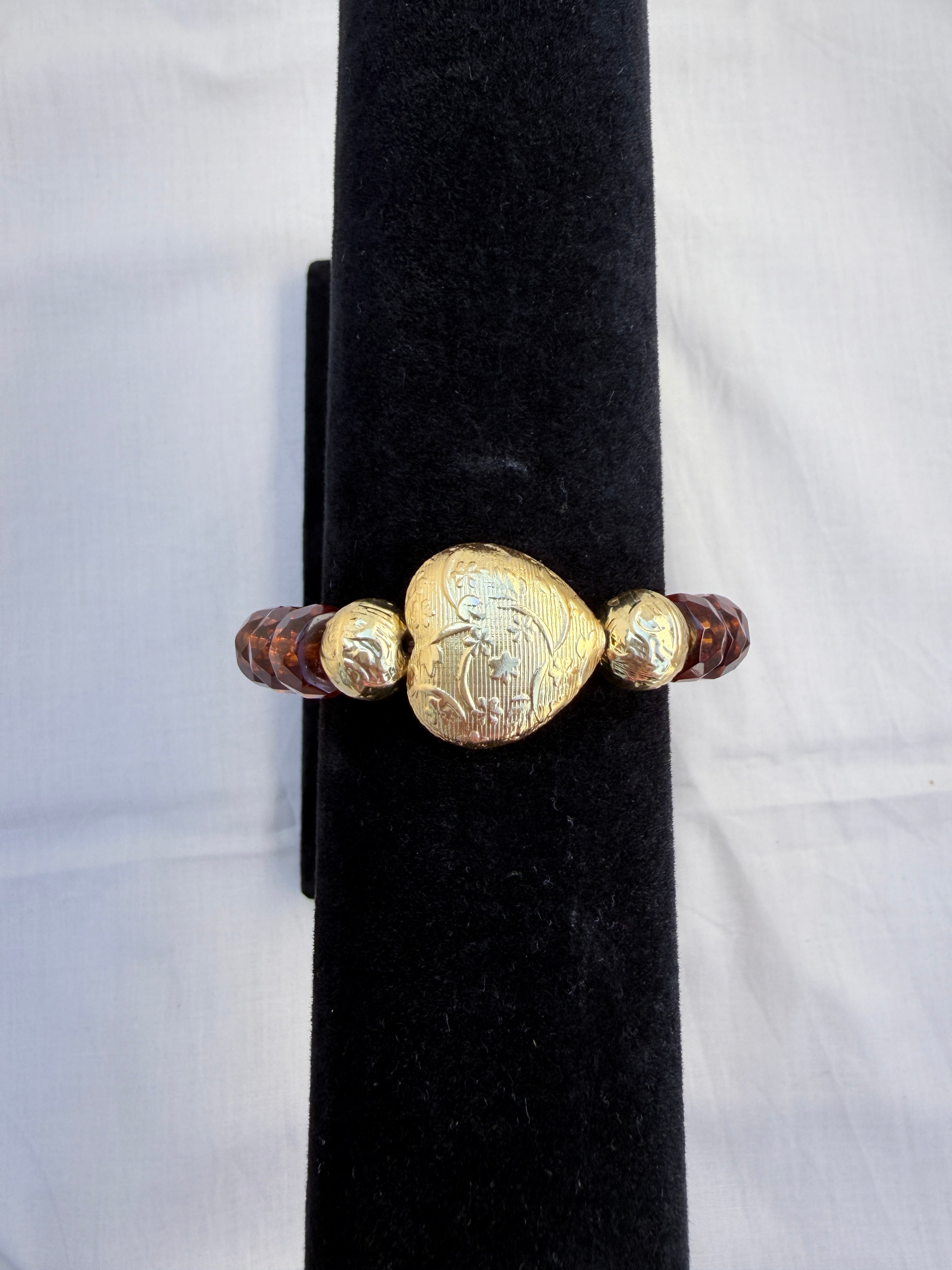 Amber Rondelle & Gold Brass Heart Bracelet