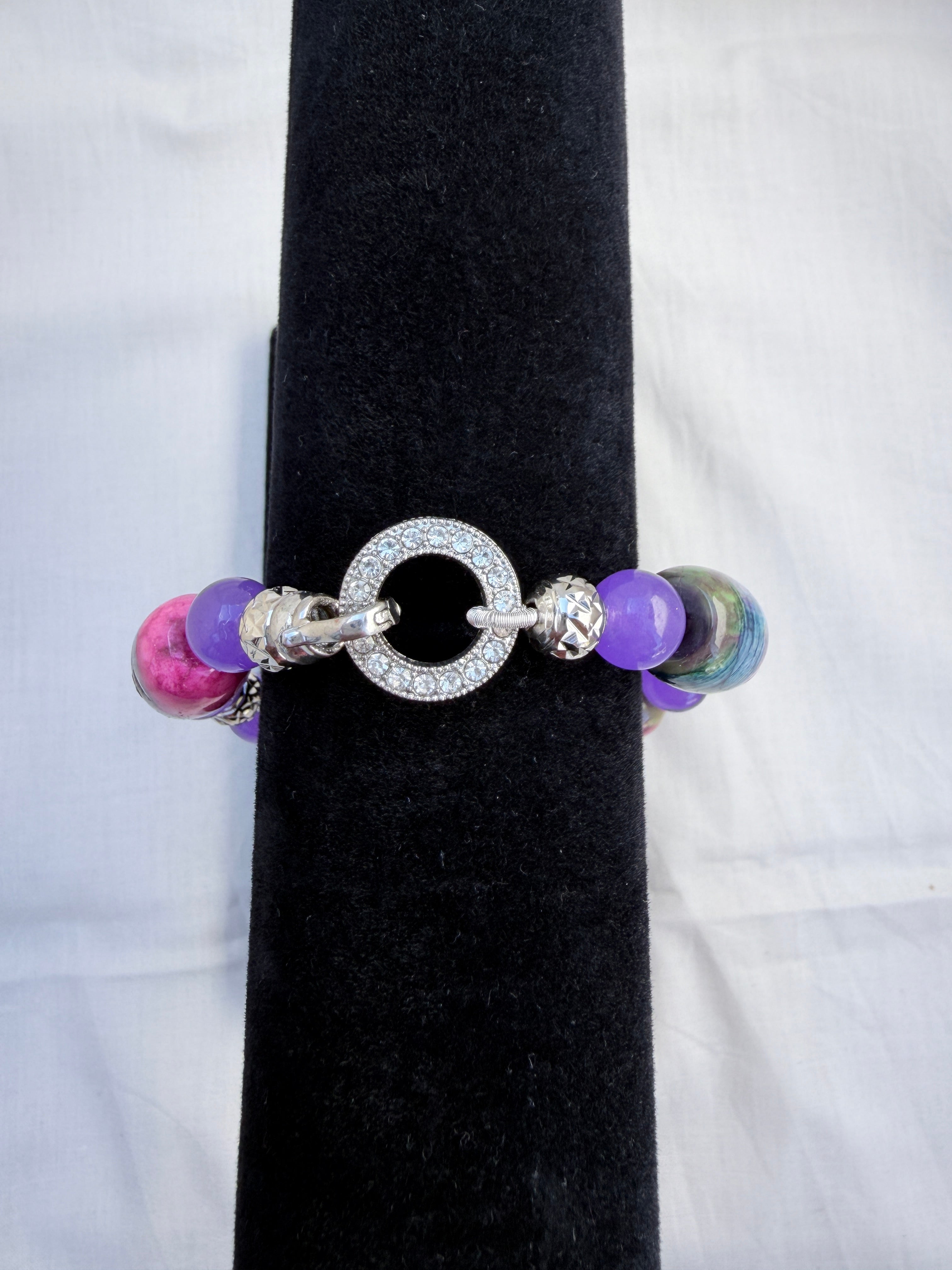 Dragon Vein Agate & Lavender Agate Bracelet with CZ Ring Clasp