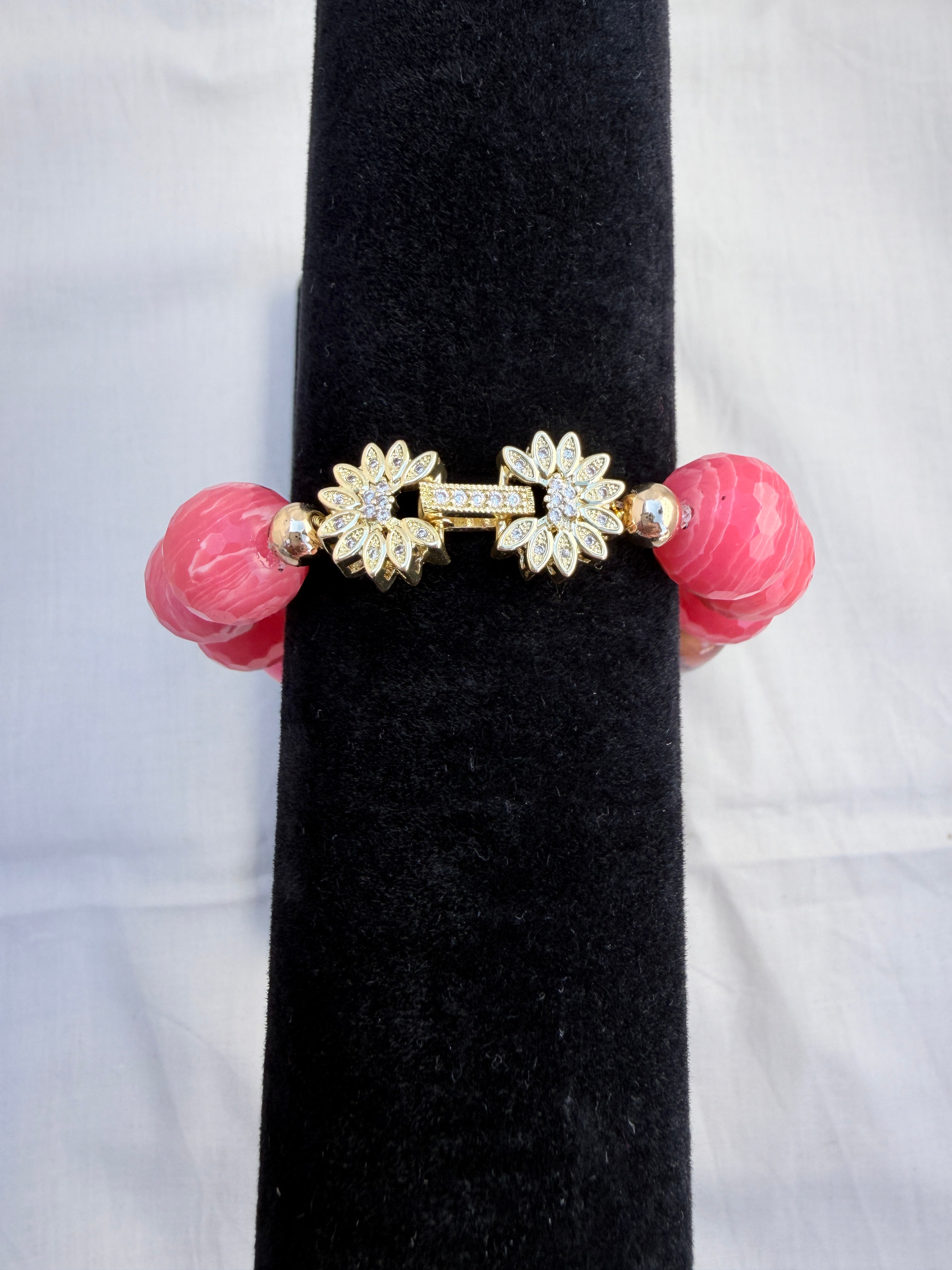 Dragon Vein Agate & Strawberry Agate Bracelet with CZ Box Clasp