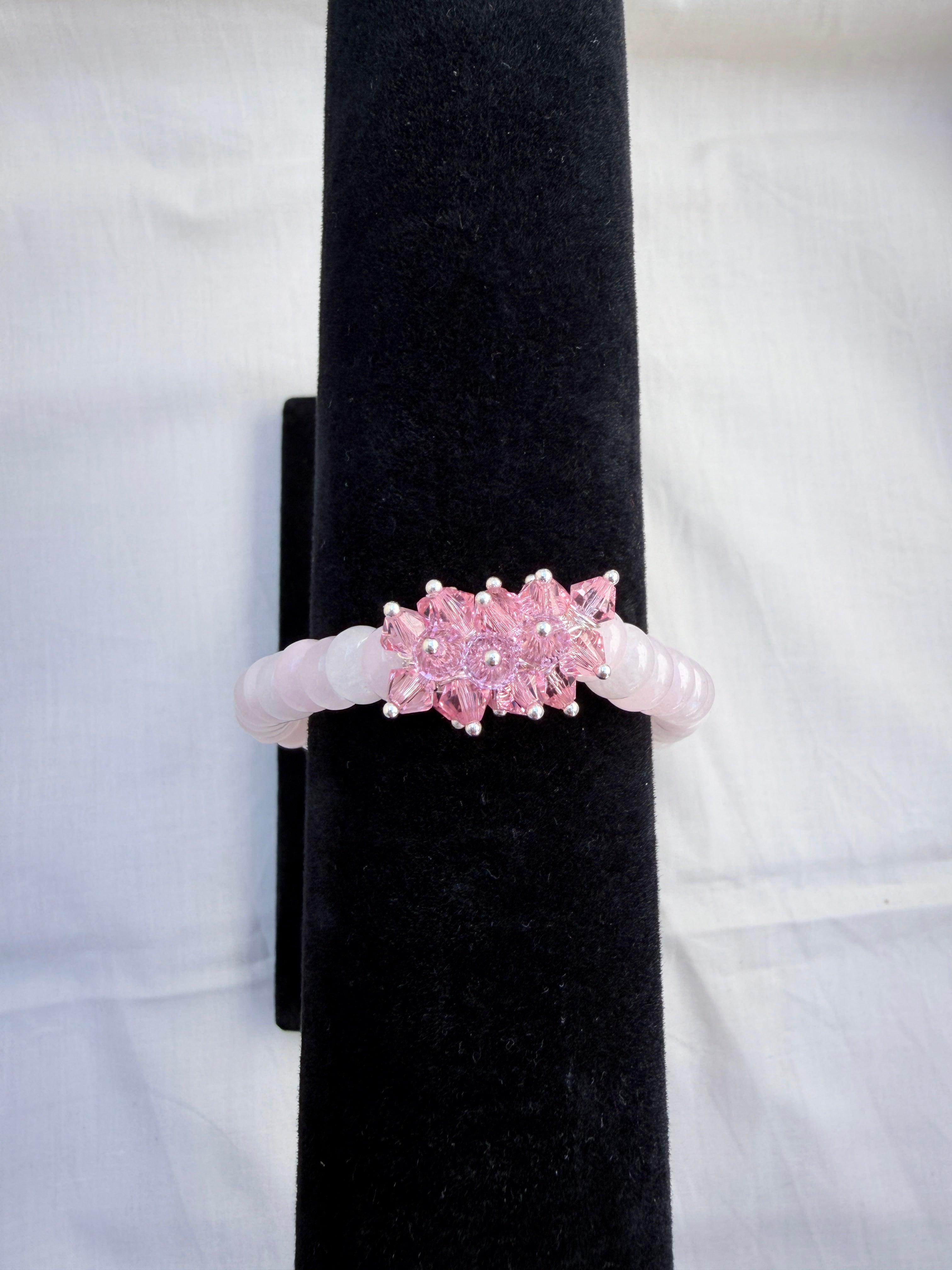Cloudy Rose Quartz Rondelle & Pink Swarovski Crystal Bracelet