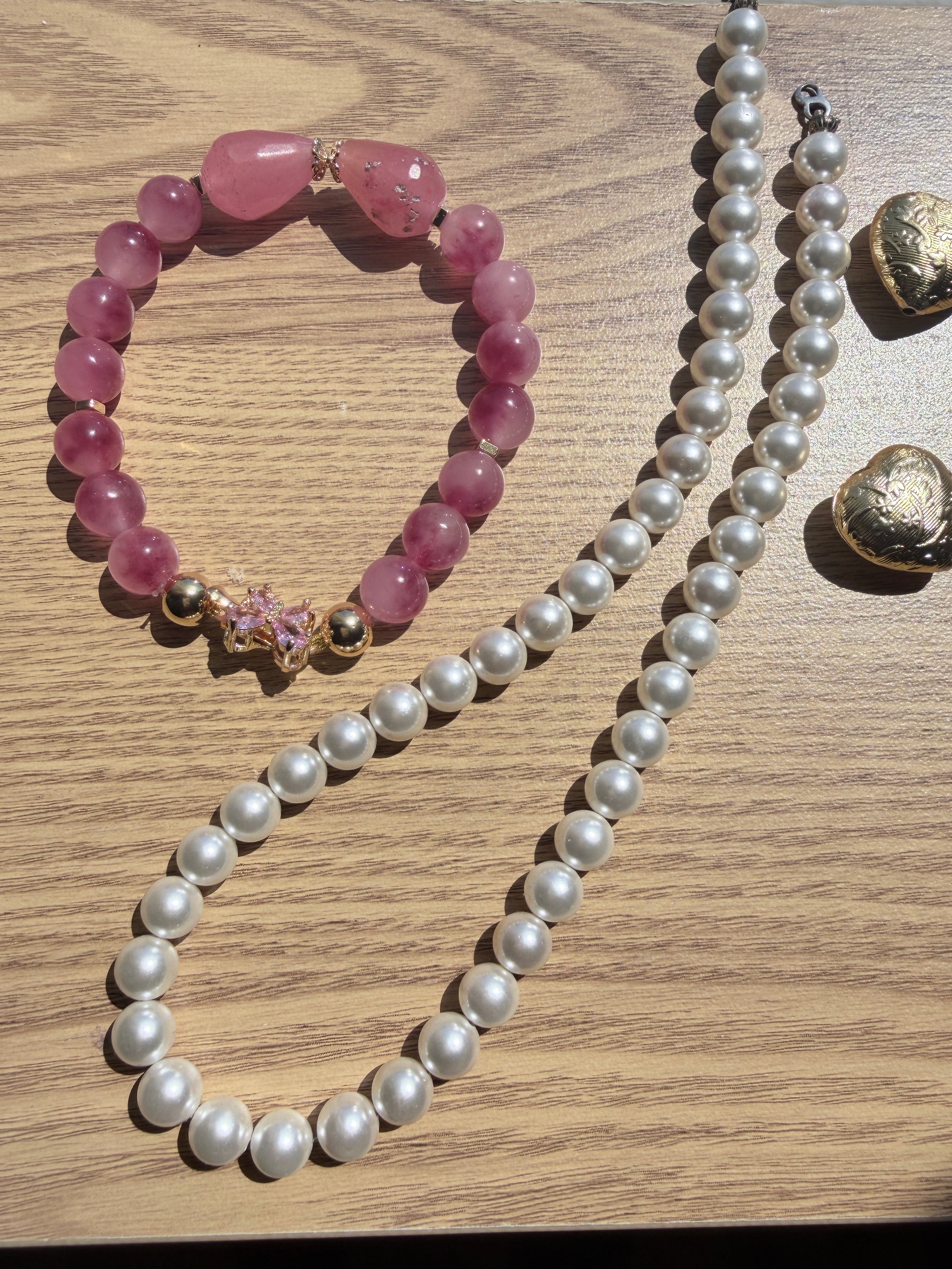 Strawberry Agate & Pink Teardrop Bead Bracelet with CZ Butterfly Clasp