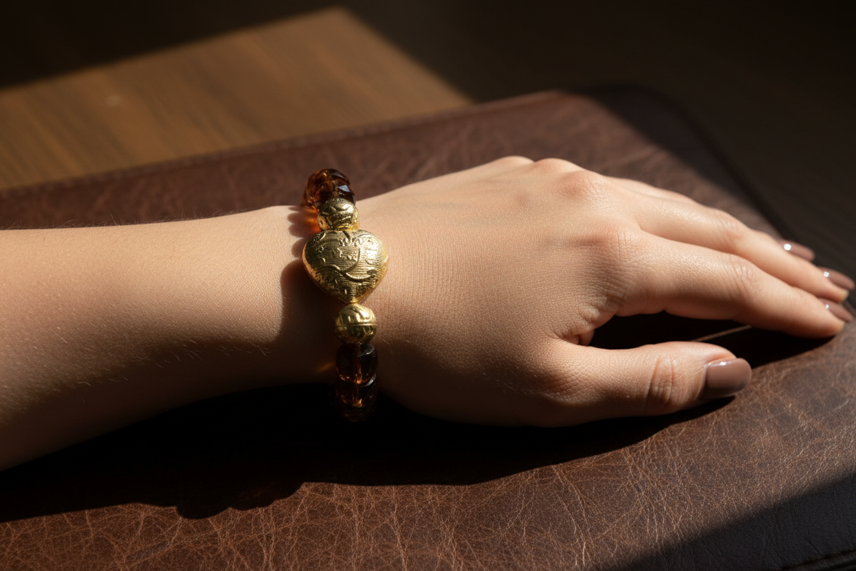 Amber Rondelle & Gold Brass Heart Bracelet Lifestyle