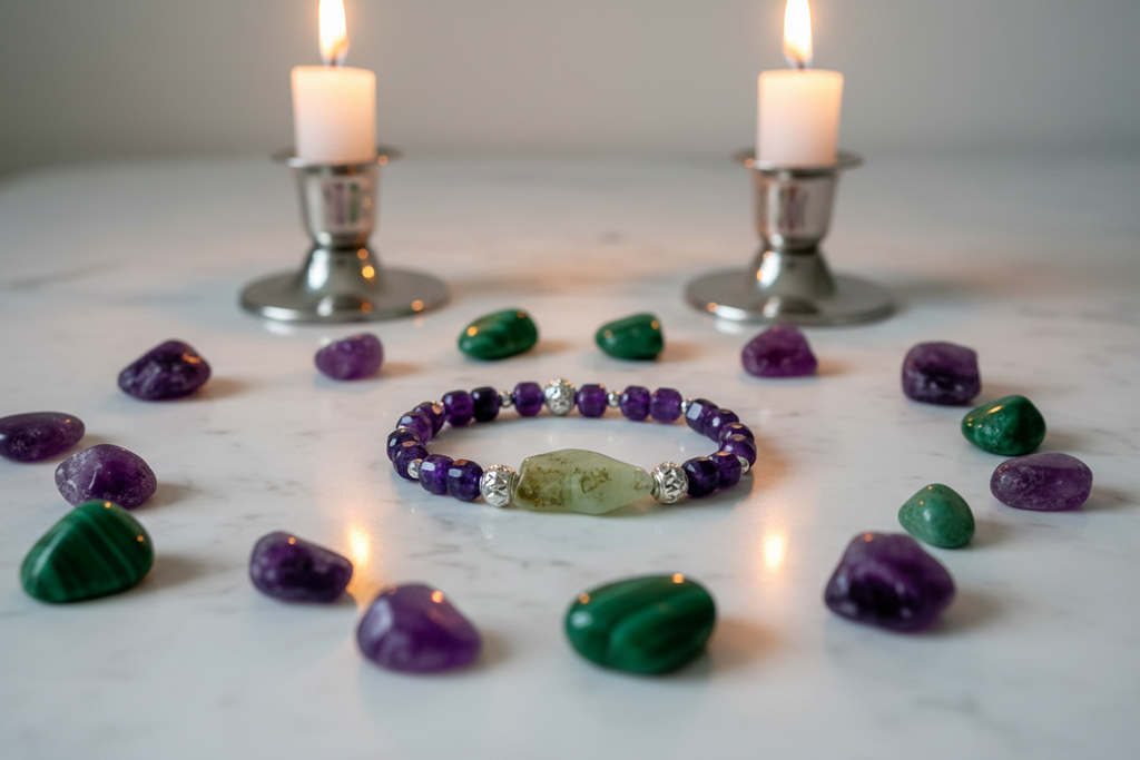 Amethyst Green Prehnite Flat Lay