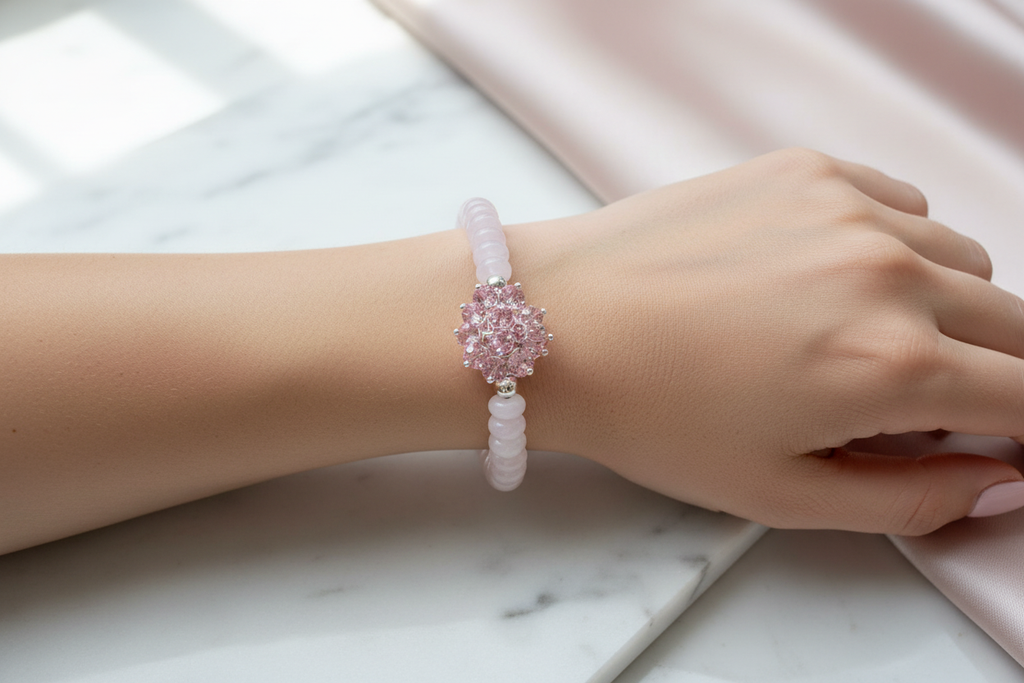 Cloudy Rose Quartz & Pink Swarovski Crystal Bracelet Lifestyle