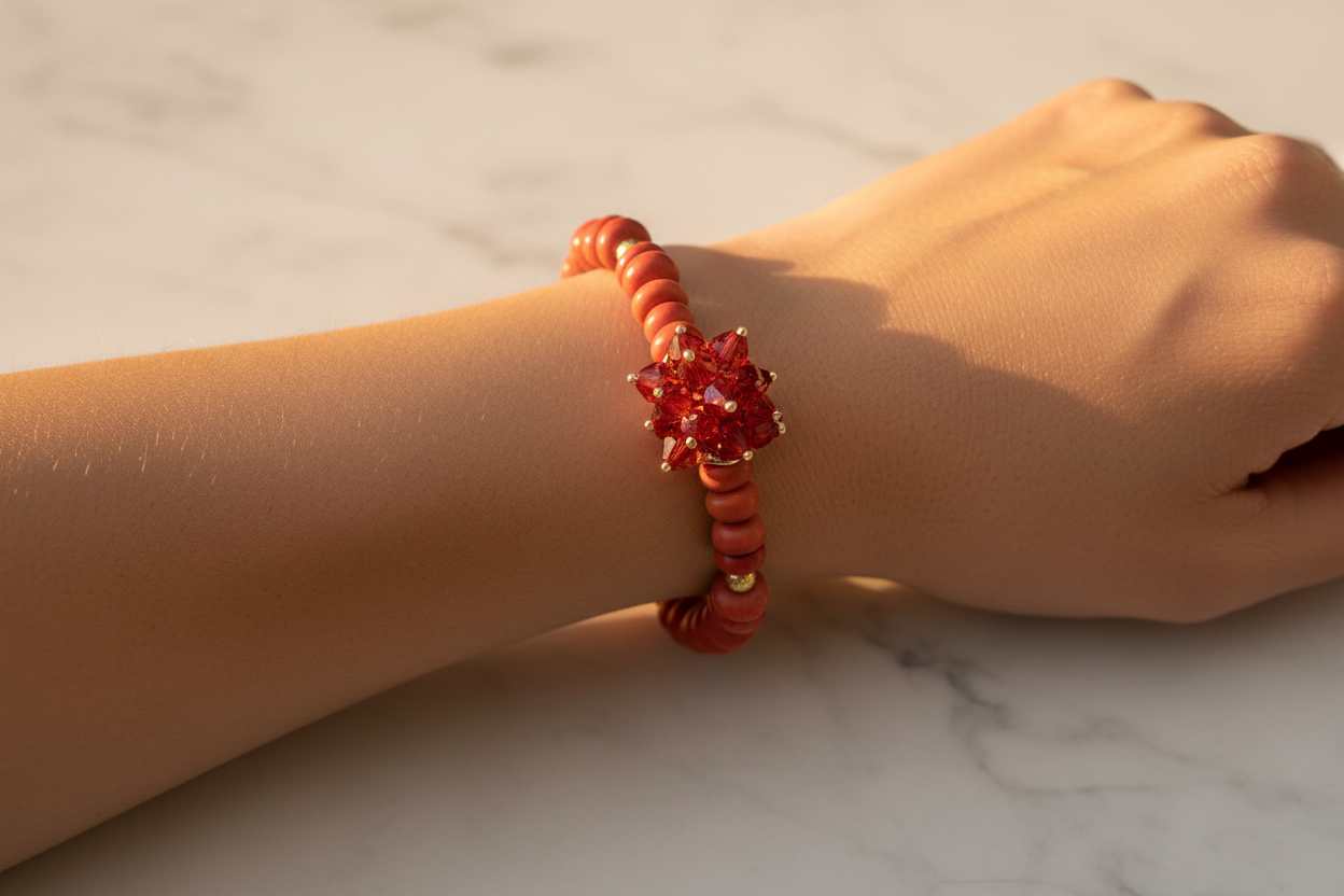 Coral Rondelle & Red/Orange Swarovski Crystal Bracelet Lifestyle