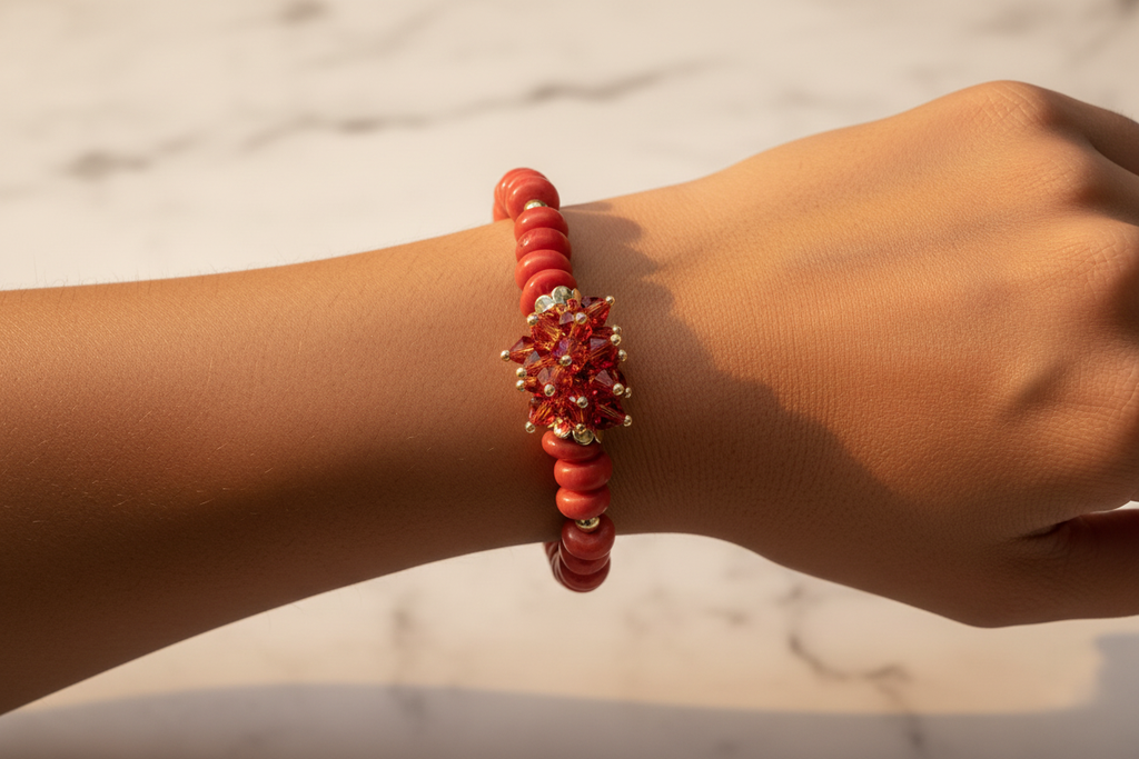 Coral Rondelle & Red Swarovski Crystal Bracelet Lifestyle - Richer Tones