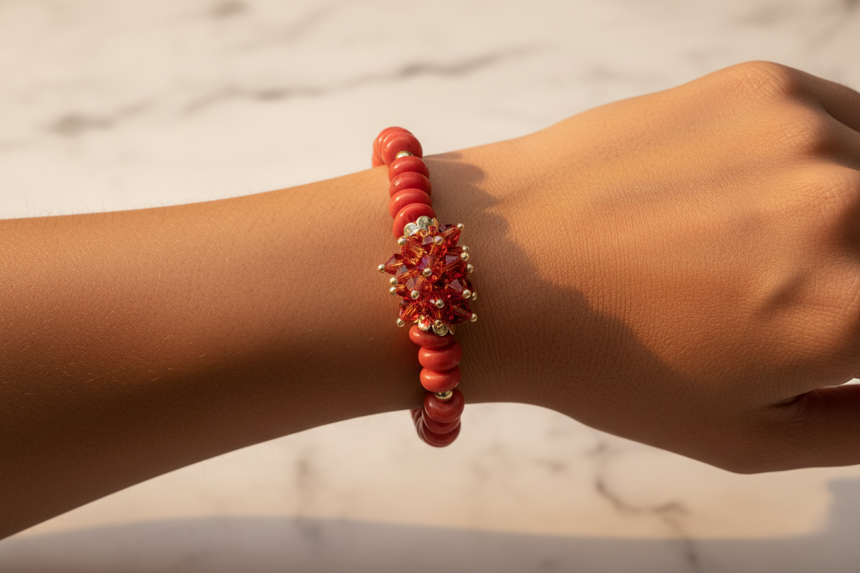Coral Rondelle & Red Swarovski Crystal Bracelet Lifestyle - Richer Tones