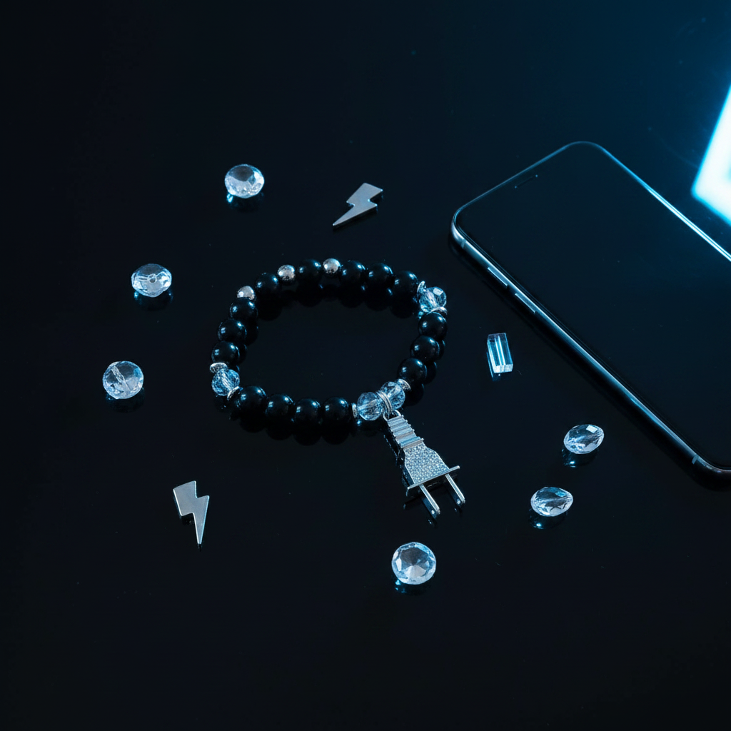 Power Up Charm Bracelet lifestyle shot on black surface with scattered crystals and electric blue lighting showing silver rhinestone plug charm