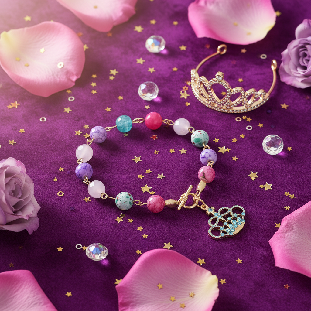 Queen of Everything Charm Bracelet lifestyle shot on purple velvet with gold star confetti, gold tiara and rose petals showing teal rhinestone gold crown charm