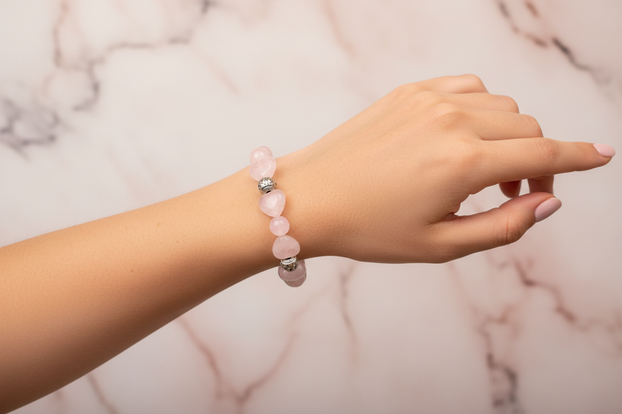 Rose Quartz Heart Bead Bracelet Lifestyle