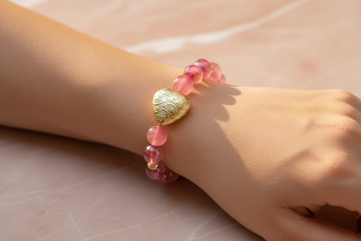 Strawberry Agate & Gold Heart Bracelet Lifestyle