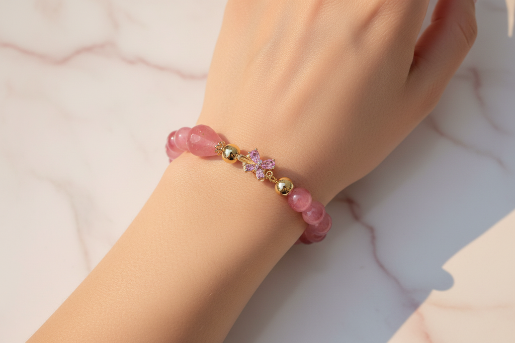 Strawberry Agate & Pink Teardrop Bead Bracelet with CZ Butterfly Clasp Lifestyle