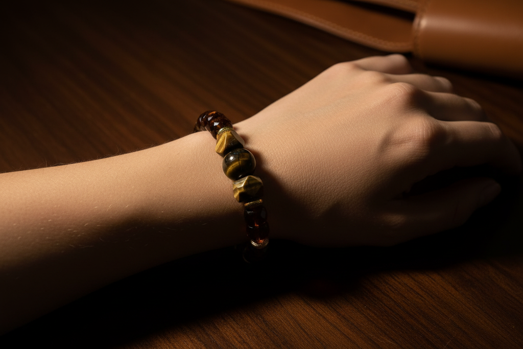 Tiger Eye & Amber Rondelle Bead Bracelet Lifestyle