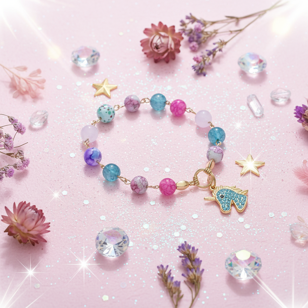 Wild and Free Charm Bracelet lifestyle shot on pastel pink surface with iridescent glitter, rainbow crystals and dried flowers showing teal rhinestone gold unicorn head charm